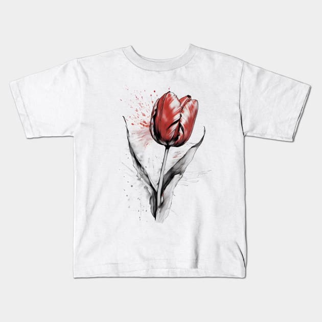 Red Tulip Watercolor and ink art Kids T-Shirt by craftydesigns